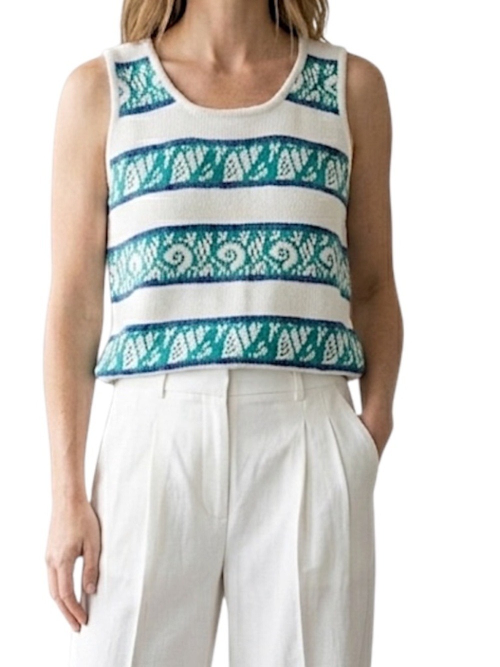 Vintage 90s white pure cotton sleeveless nautical knit summer sweater top M